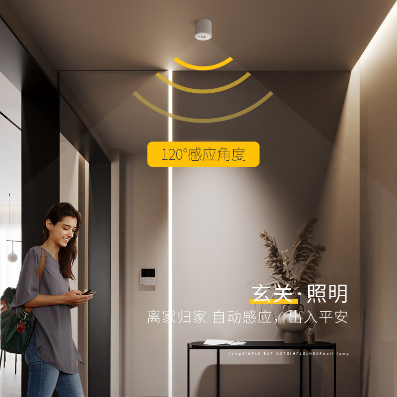 明装射灯人体感应led天花灯吸顶家用入户cob筒灯玄关过道防眩孔灯