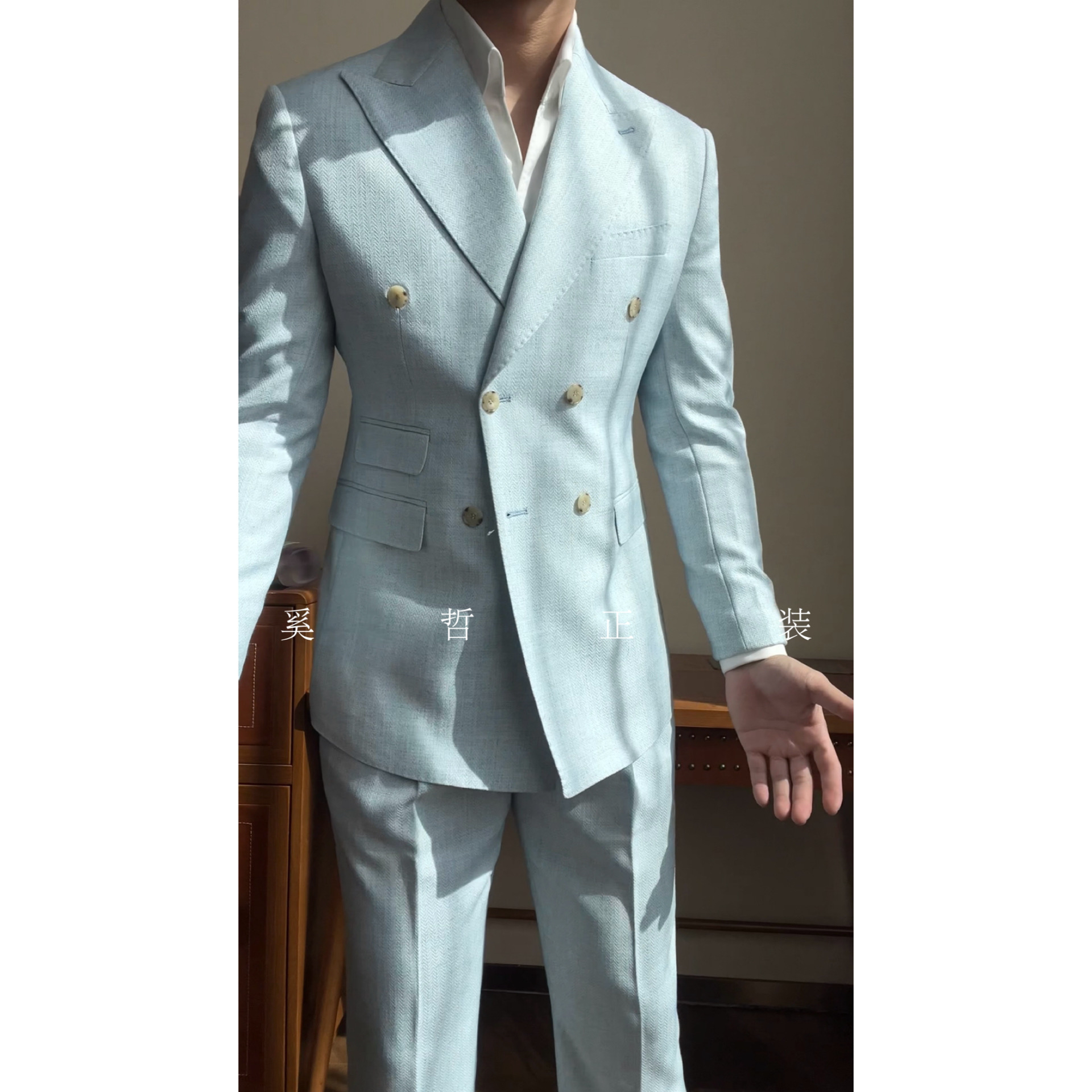 春夏新款薄款人字纹意式绅士休闲双排扣西服套装922