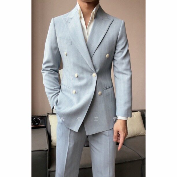 春夏新款时尚半里衬薄款双排扣男士西服6197