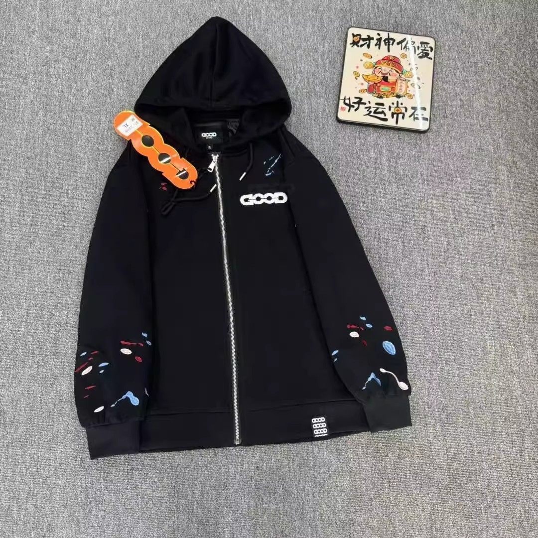 广州GOOD连帽卫衣欧美字母刺绣印花开衫外套男女同款爆款拉链宽松
