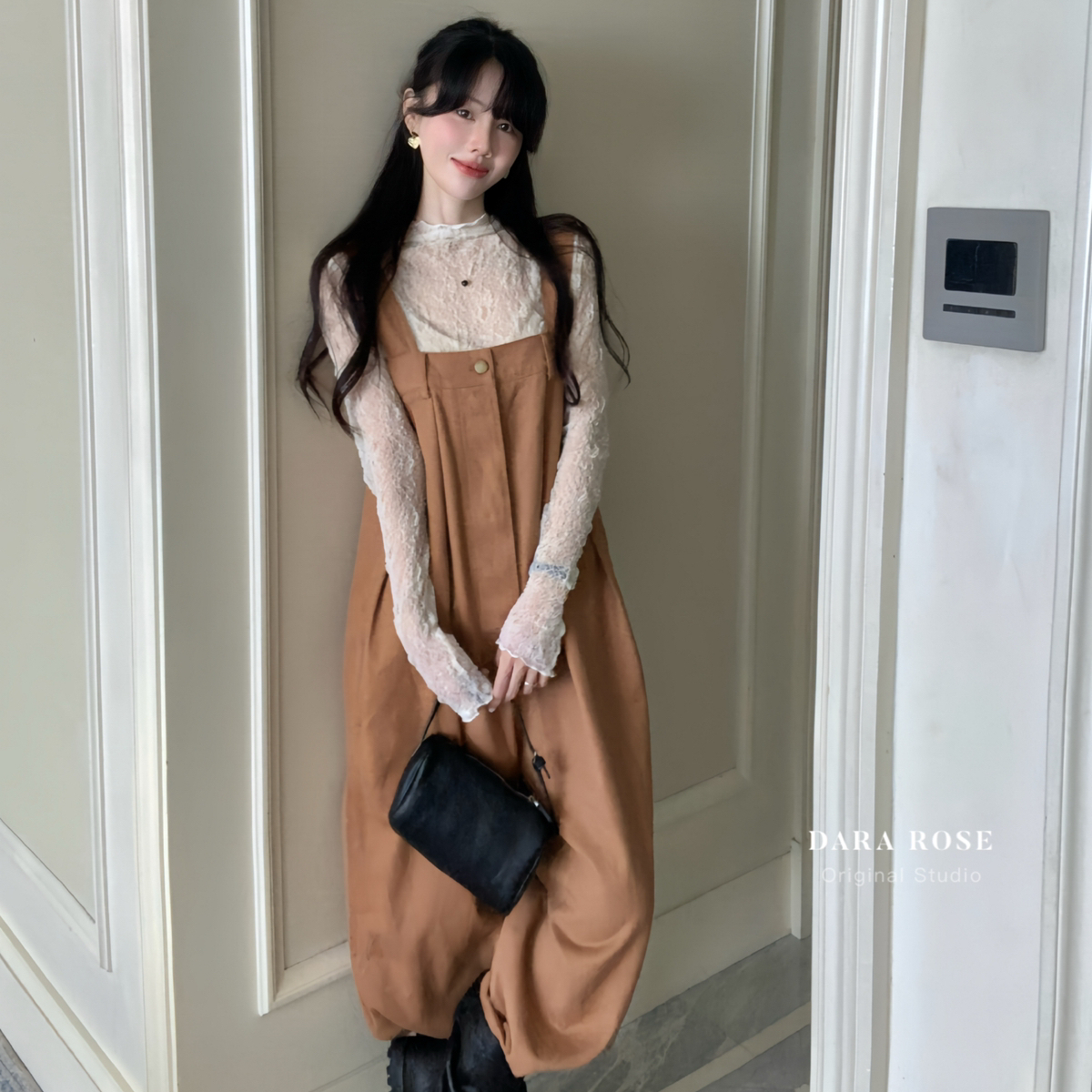 DARA ROSE独特复古奶橘背带裤文艺复古显瘦背带牛仔裤闲宽S7350