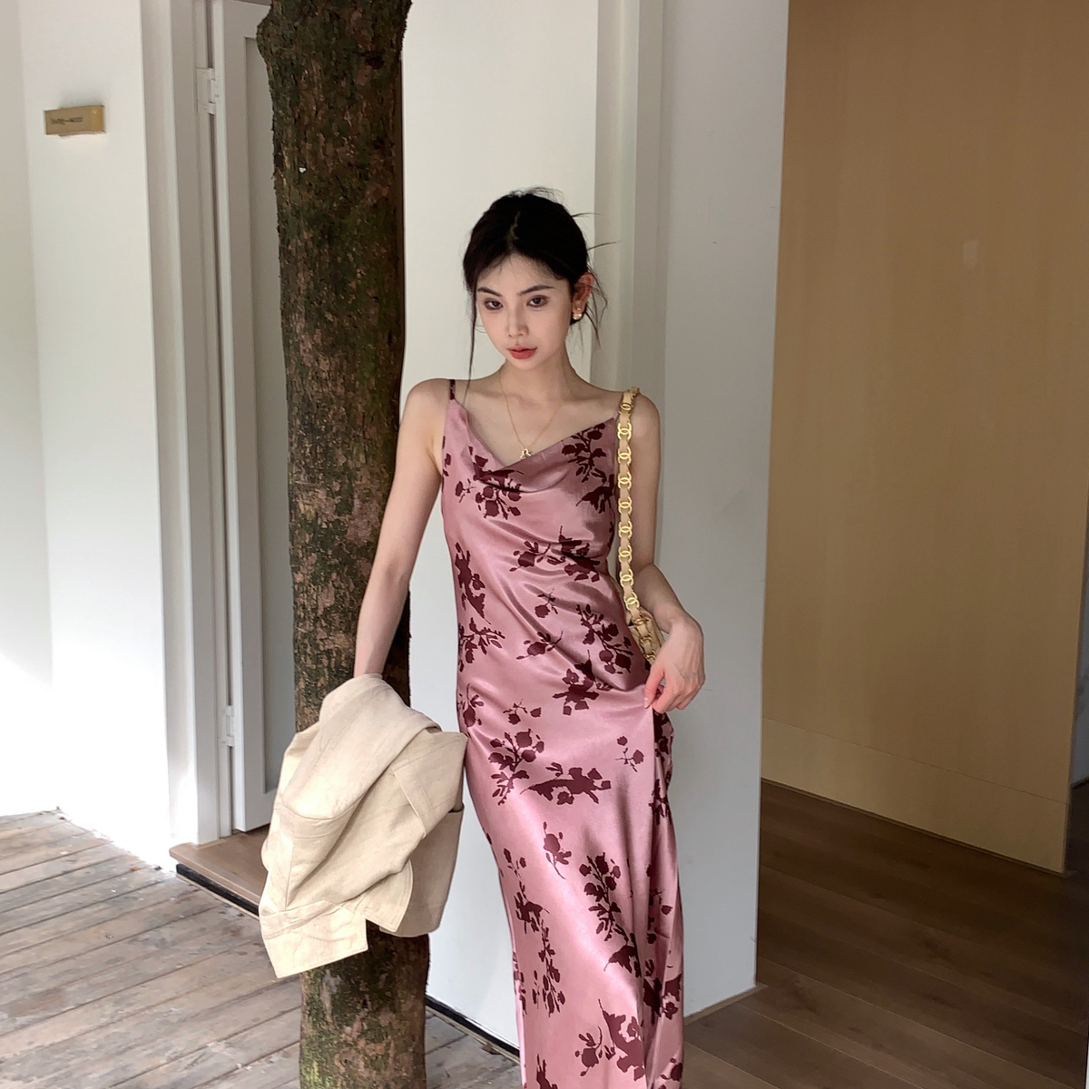 FEI MAO烟熏玫瑰可调节肩带斜裁吊带裙连衣裙7959