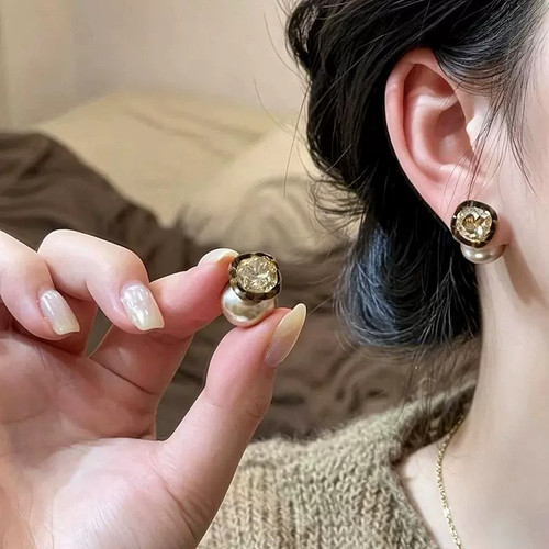 新款咖色豹纹花边方糖仿珍珠耳钉女生两戴款小众设计耳环精致耳饰