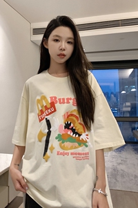 美式复古口水汉堡印花短袖T恤男女设计感T恤T6833 /P48 69图片