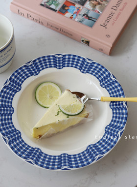 ES| 法式复古蓝色格子花边陶瓷餐盘深盘ins风少女心点心盘子平盘