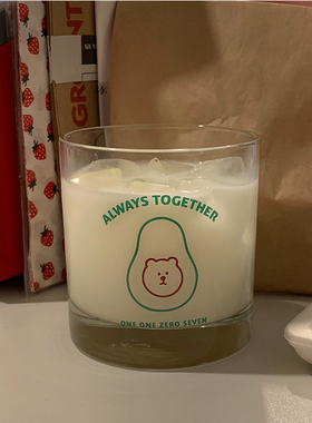 ES韩国ins可爱网红小熊牛油果透明玻璃水杯牛奶杯果汁杯咖啡杯子