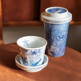 ENDLESS STARS新中式青花陶瓷咖啡杯猪口杯手握杯带盖水杯泡茶杯