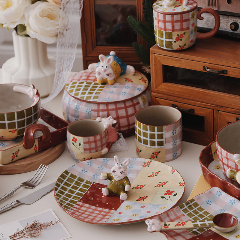 拼布兔子手作陶瓷盘碗托盘马克杯