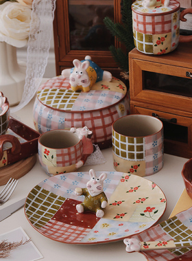 现货景德镇pop兔手作拼布系列陶瓷盘碗餐具托盘饭碗马克杯釉下彩