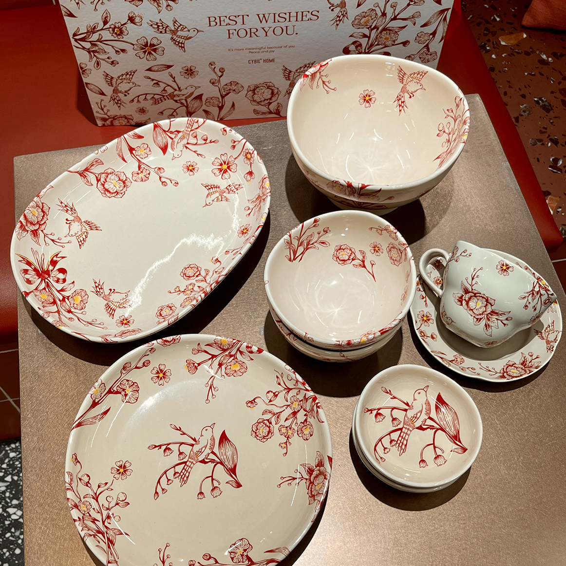 ES 满庭花釉下彩陶瓷盘碗餐具套装饭碗花卉结婚礼物乔迁送礼盒