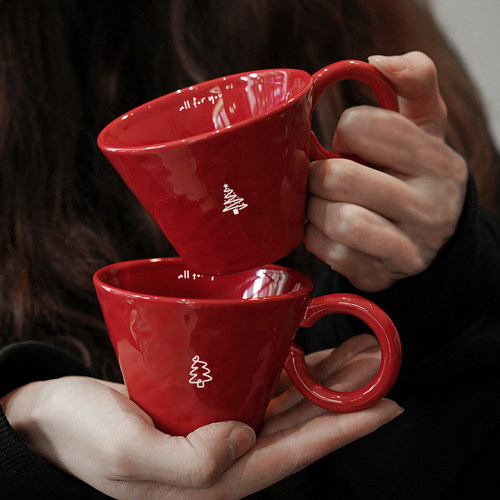 圣诞礼物小红杯手作陶瓷咖啡杯
