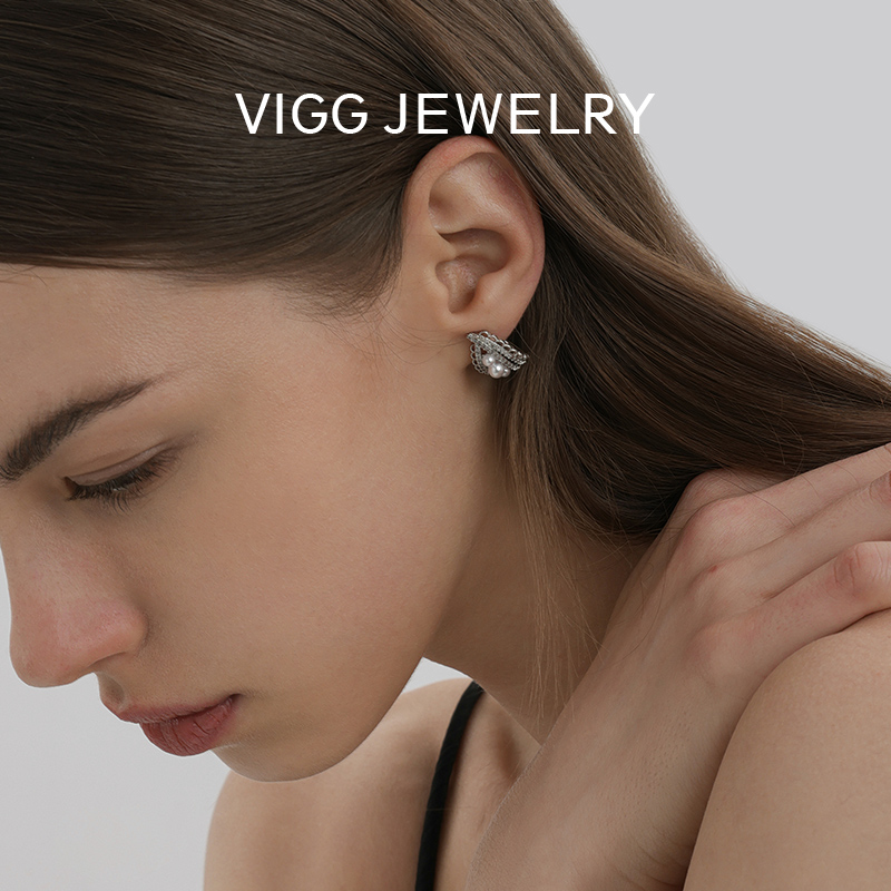 VIGG蕾丝珍珠耳钉女高级时尚轻奢设计感2025年新款潮精致百搭耳饰