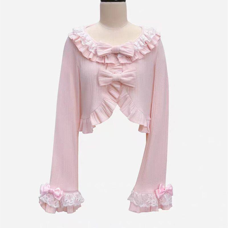 lolita秋季新款蝴蝶结甜美针织开衫外套蕾丝短外套