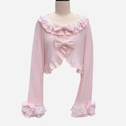 lolita秋季新款蝴蝶结甜美针织开衫外套蕾丝短外套