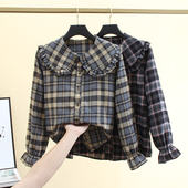 洋气衬衣内搭小众别致娃娃领上衣 女高级感早春新款 法式 格子衬衫