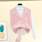 春秋洋气V领独特叠穿毛衣背心开衫 短款 针织马甲女款 宽松坎肩外搭