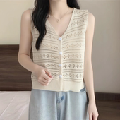 背心上衣宽松外搭开衫 钩花无袖 薄款 镂空针织马甲女时髦洋气夏季