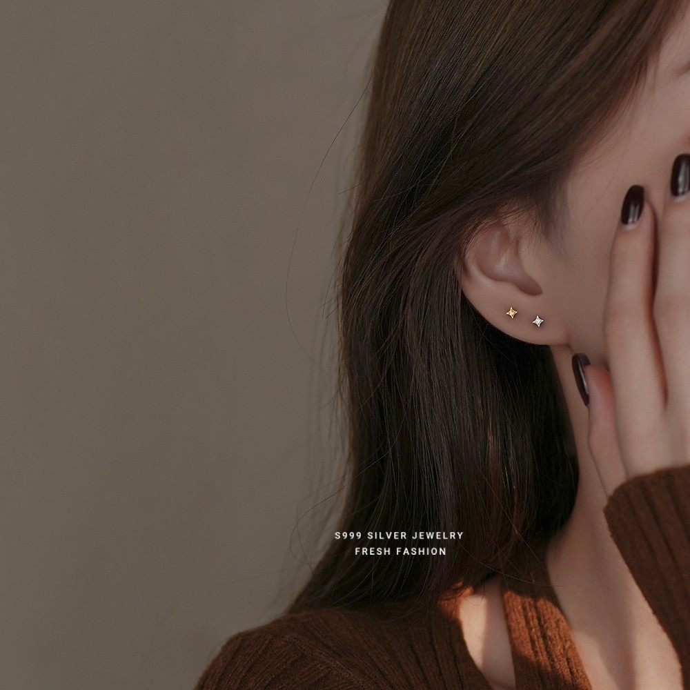 s999足银通体纯银小巧精致芒星螺丝小耳钉女四角星简约几何耳饰