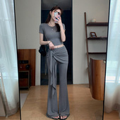 女夏季 2025新款 韩版 今年流行 短袖 套装 时尚 上衣休闲 微喇裤