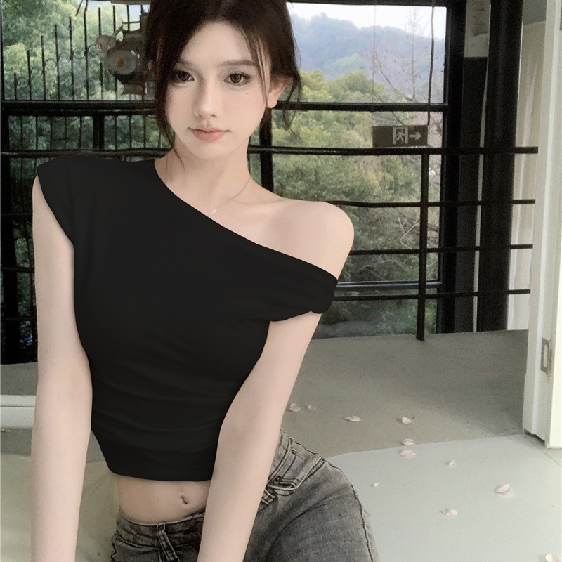 短袖T恤女夏新款法式纯欲风露肩辣妹修身性感设计感小众不规则上