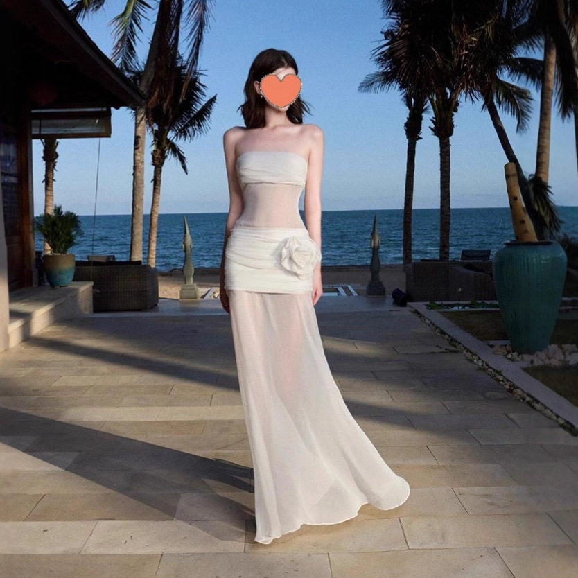 海边度假风透视网纱仙女抹胸连衣裙女设计感气质超好看辣妹长