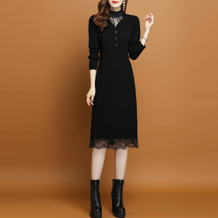 新款 2023年早秋装 过膝女士毛衣针织连衣裙潮 秋冬蕾丝打底衫 中长款