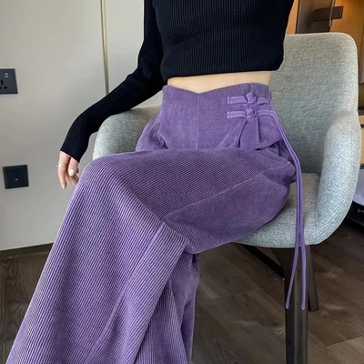 美拉德2025秋冬新中式盘扣加绒雪尼尔阔腿裤女高腰垂感直筒休闲裤