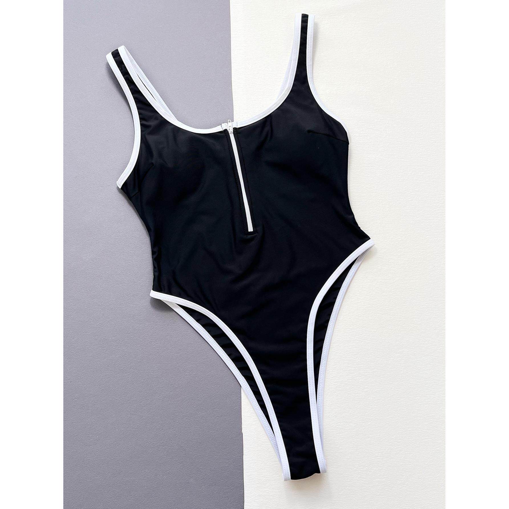 New One Piece Swimsuit 欧美黑色拉链连体泳衣沙滩性感比基尼女