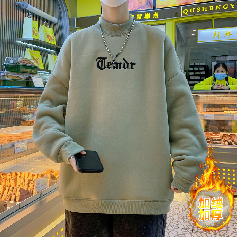 潮牌加绒加厚半高领卫衣