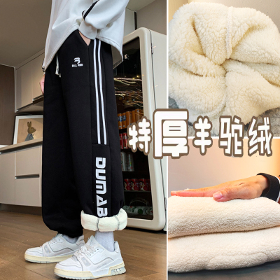 秋冬季潮牌加厚羊羔绒裤子男新款百搭休闲裤青少年帅气学生休闲裤