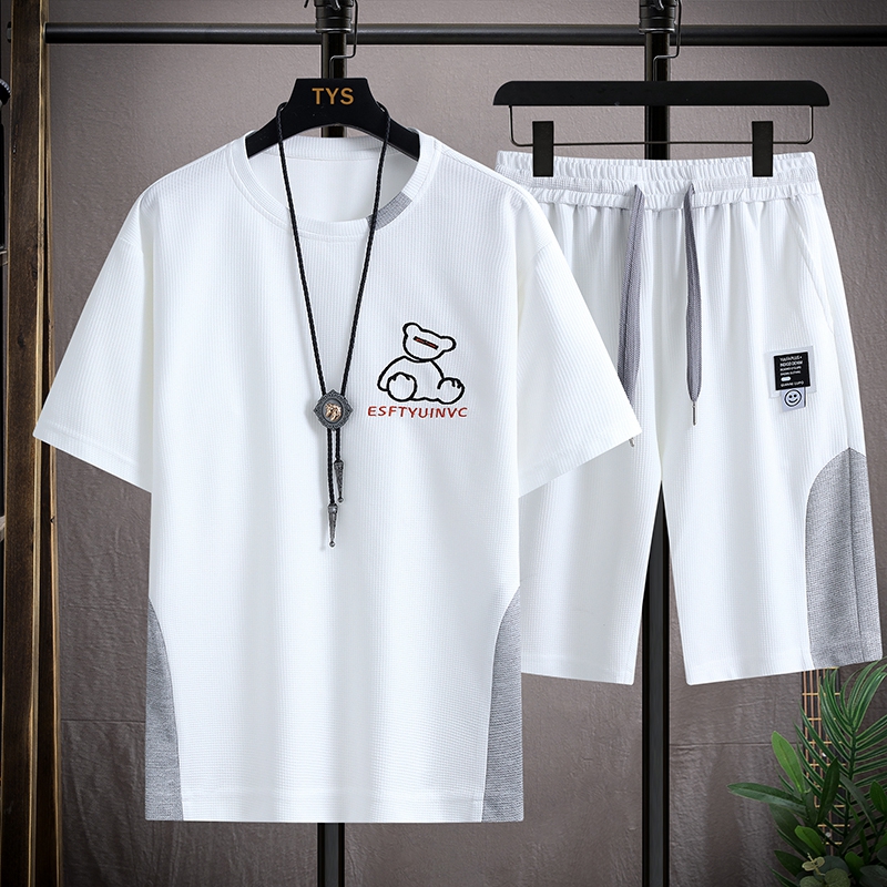 男士夏季套装华夫格帅气男装短袖短裤搭配一套时尚休闲运动衣服潮