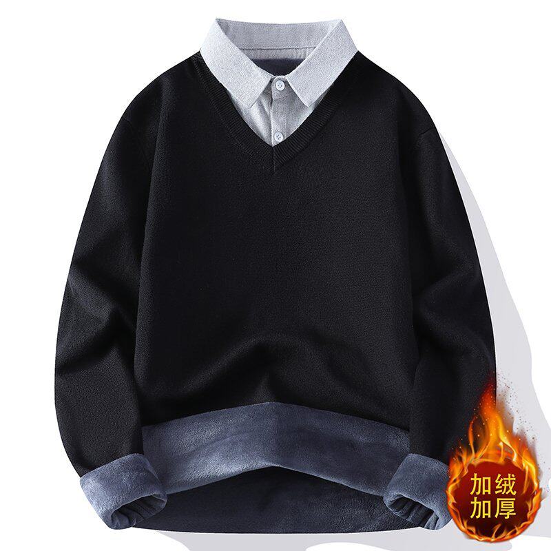 假两件毛衣男士秋冬季衬衫领针织衫男装潮流加绒带领打底衫毛线衣