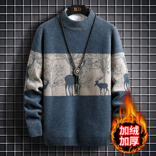 厚冬装 男士 线衣加绒 高级感撞色保暖针织衫 半高领软糯毛衣男秋冬季