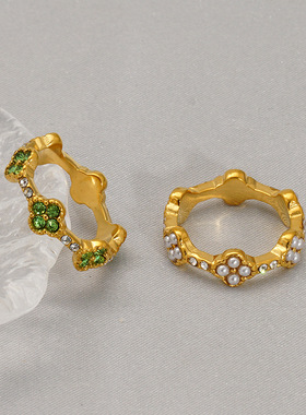 欧美轻奢钛钢18K金微镶彩钻花朵花瓣戒指 清新甜美四叶草百搭指环