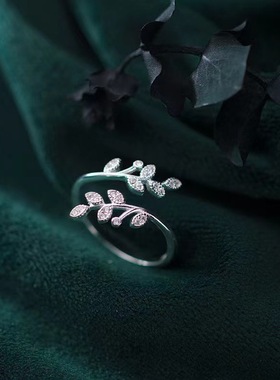 S925镀银戒指女韩版小清新镶钻树叶开口指环文艺橄榄枝戒子不掉色