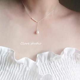 小幸運~純銀氣質鎖骨鏈 天然珍珠原創設計手作頸飾y型項鏈百搭女圖片