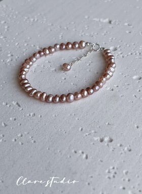 微瑕特价款天然淡水紫色珍珠手链简约气质女纯银防过敏可调节手饰