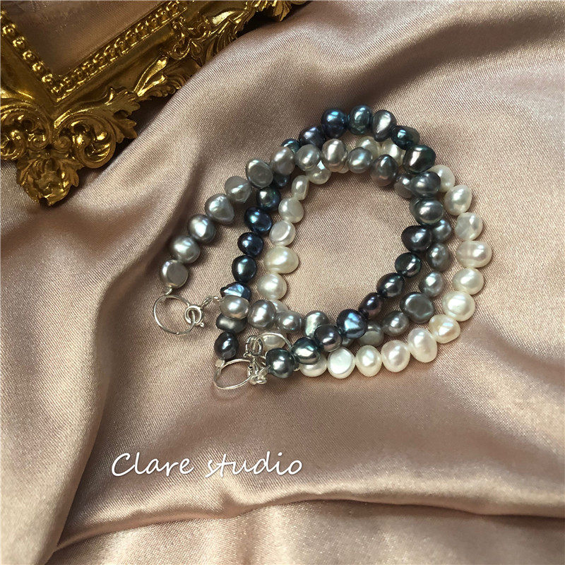CLARE设计款 天然巴洛克黑白灰珍珠欧美风原创高级感纯银手链女