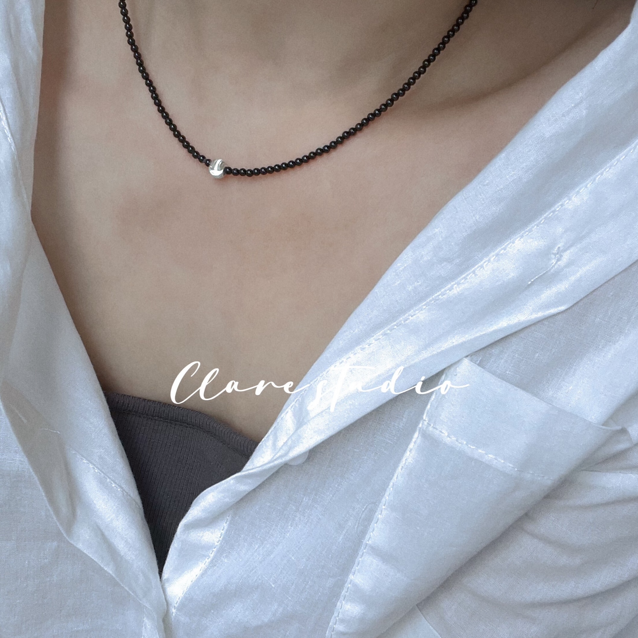 极细款天然黑玛瑙S925拉丝银珠转运珠项链女显气质甜酷脖子配饰