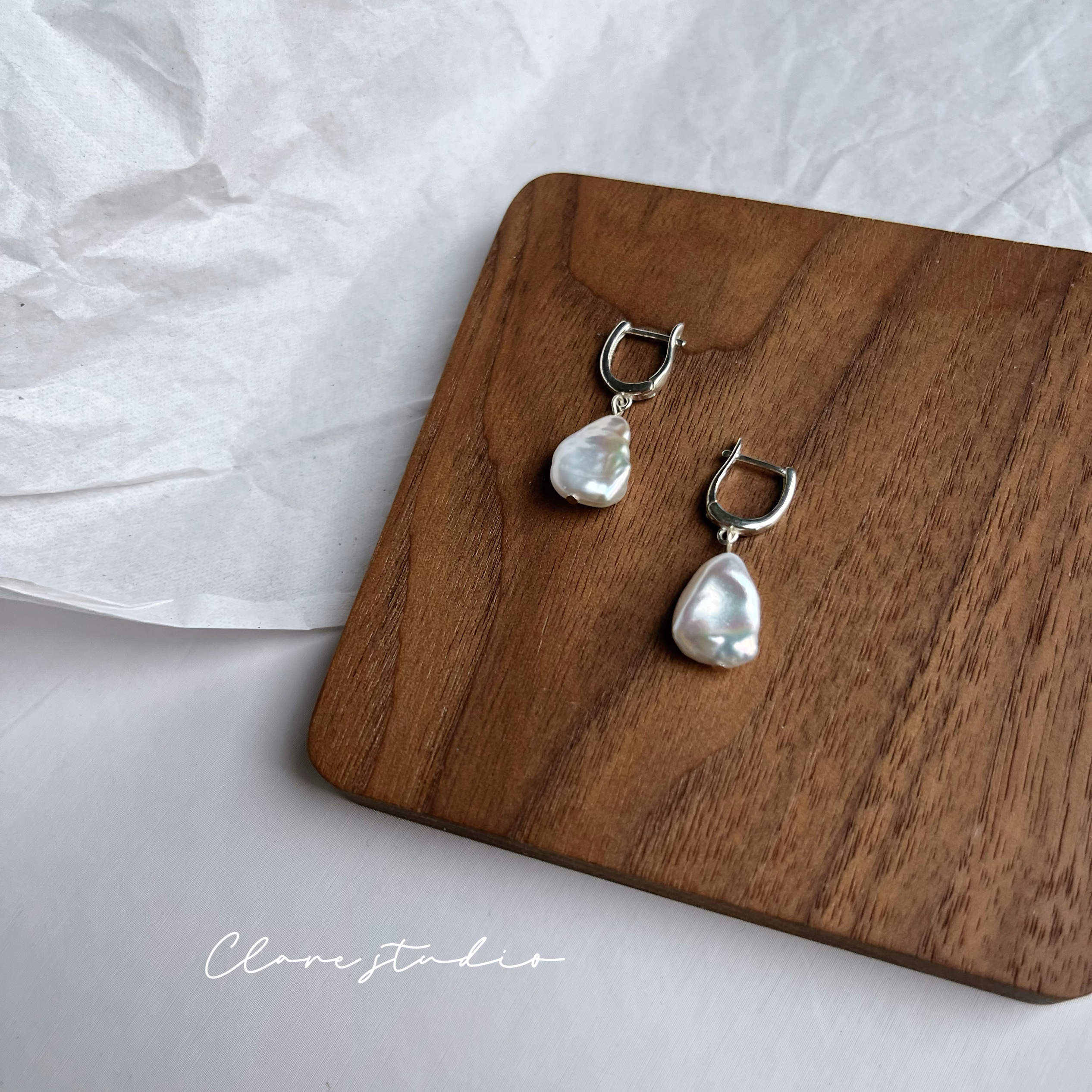 天然巴洛克异形珍珠耳环纯银耳饰