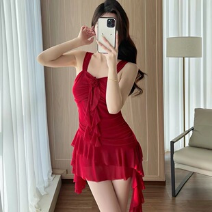 遮肚泳温泉游装 性感荷叶边纯欲风显瘦修身 泳衣女连体裙式 2026新款