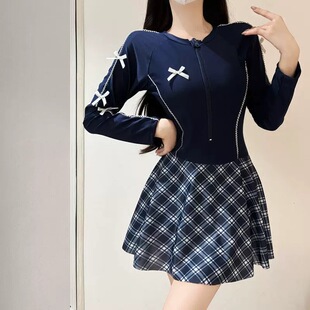 防晒运动风平角显瘦遮肚学生度假泳装 长袖 泳衣女连体裙式 2026新款