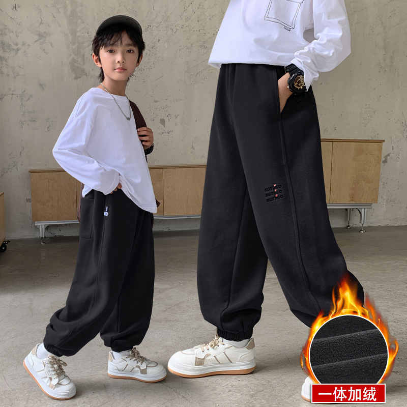 男童加绒运动裤10男孩秋冬加厚休闲卫裤13中大儿童宽松一体绒11岁
