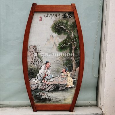 麻纱挂画手绘新中式实木竖幅茶室禅意茶道墙壁装饰画椭圆形虎牛图