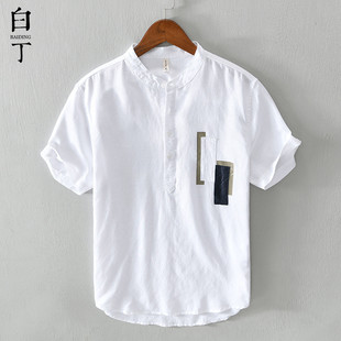 T恤男休闲冰丝感半袖 棉麻polo衫 立领亚麻短袖 中国风复古薄款 白色