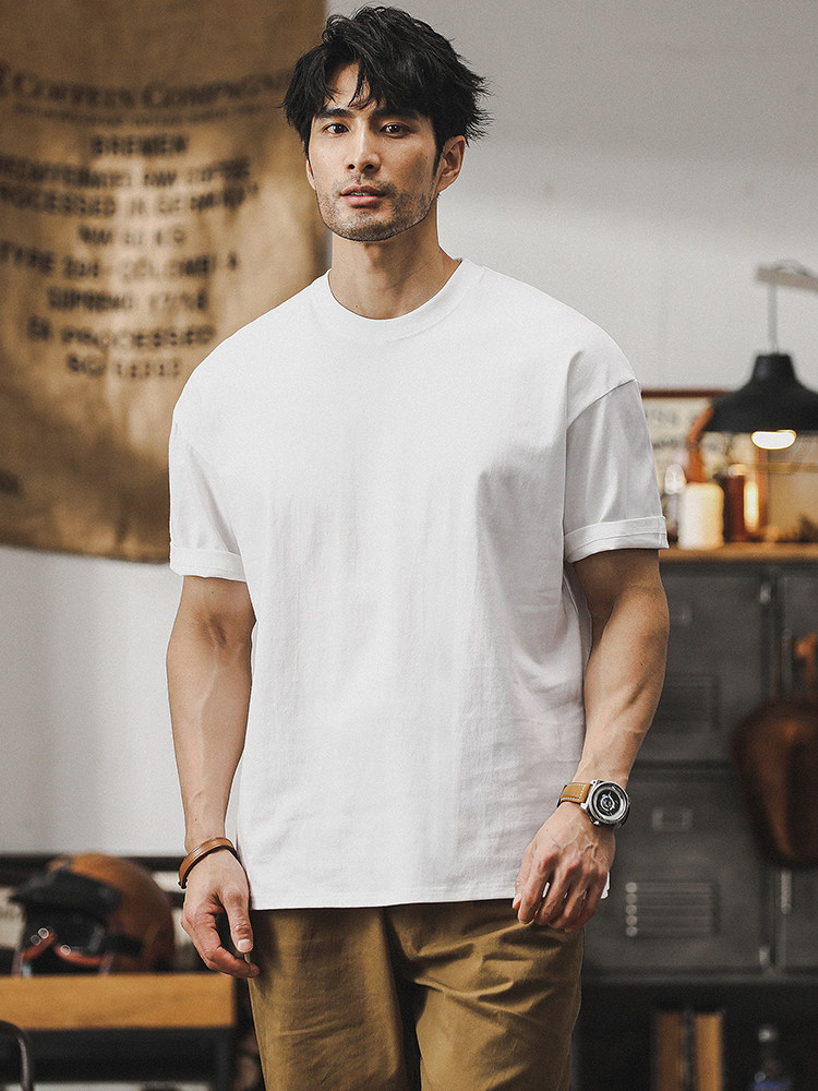 thumbnail for 2026 New Solid Color T-Shirt Men's Short Sleeve Summer American Heavy Loose Cotton Ration T-Shirt Men's White Base Shirt