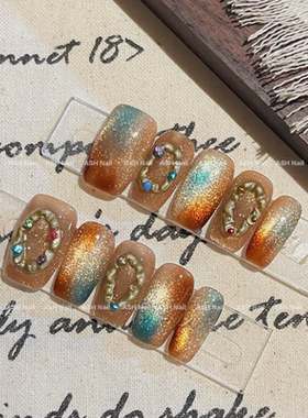 ASH/秋日画廊 猫眼气质小众设计超时髦撞色复古手工美甲穿戴甲