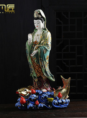 摆件供奉白瓷鲤鱼观音佛像