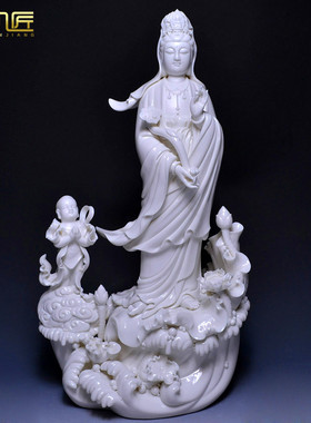 童子拜观音佛像风水摆件德化白瓷