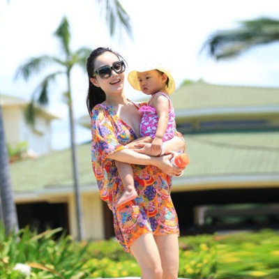 爸爸回来了明星李小璐同款泳装复古印花雪纺比基尼三件套游泳衣女